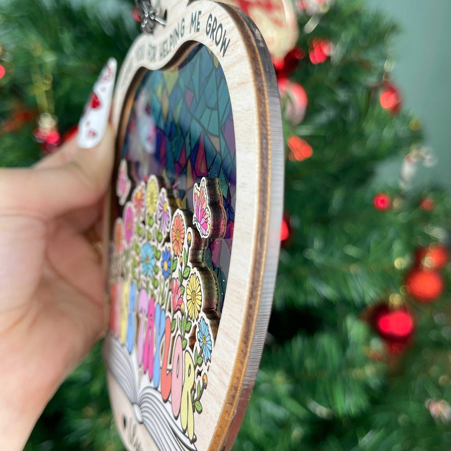 Custom Teacher Suncatcher Ornament Thank You For Helping Me Grow, Thank You Teacher Gift, Custom Stained Glass, Teacher Appreciation Gift