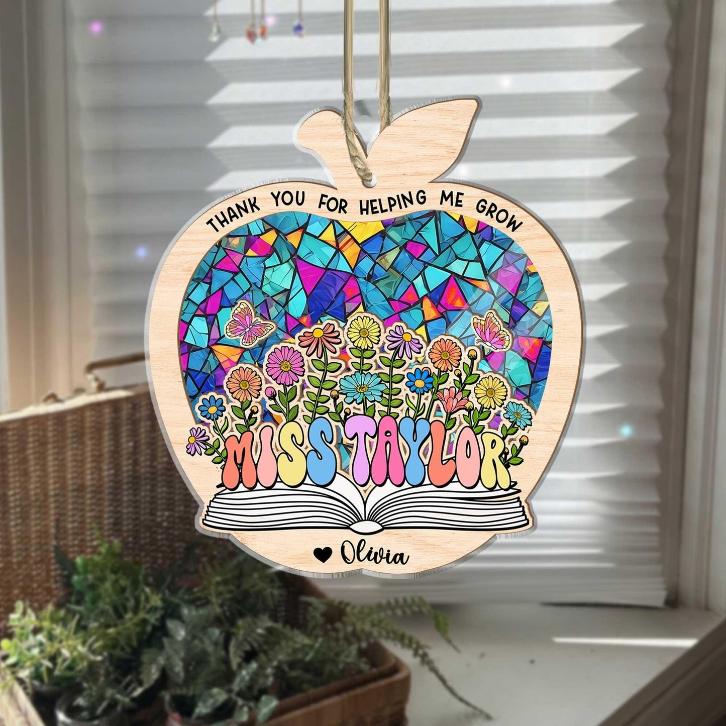 Custom Teacher Suncatcher Ornament Thank You For Helping Me Grow, Thank You Teacher Gift, Custom Stained Glass, Teacher Appreciation Gift