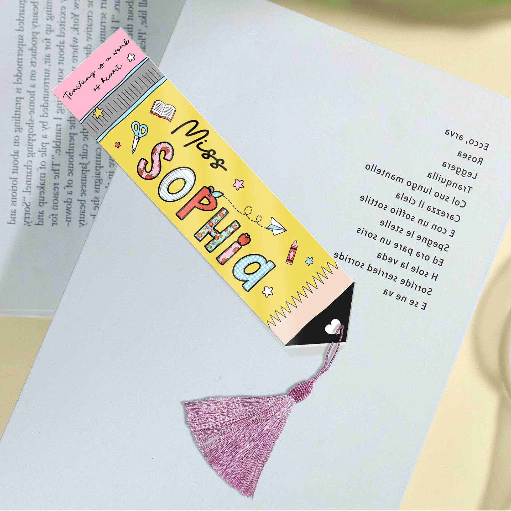 Colorful and durable pencil-shaped acrylic bookmark, customized with a name, adding a playful touch to any book or journal.