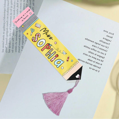 Colorful and durable pencil-shaped acrylic bookmark, customized with a name, adding a playful touch to any book or journal.