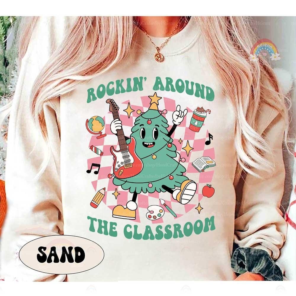 Spread holiday cheer with this groovy Christmas tree rocking out in the classroom—perfect for teachers with style.