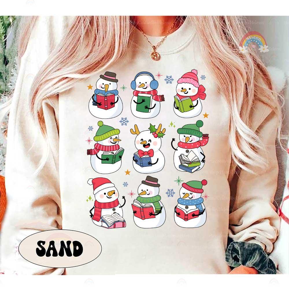 Charming snowman characters bundled up with books, perfect for spreading seasonal cheer and a love for reading.