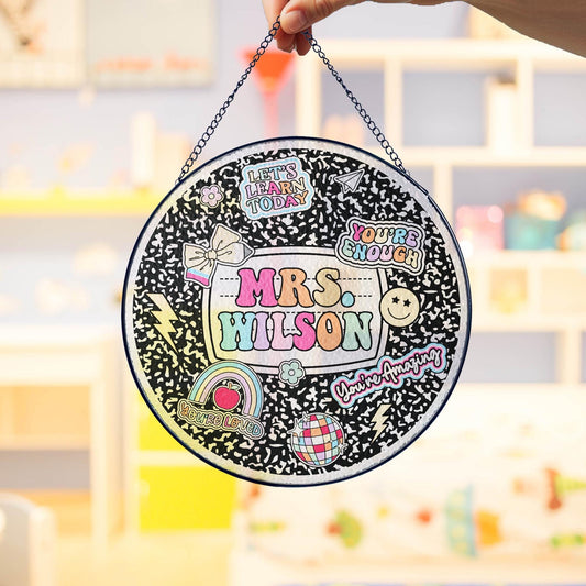 Custom Teacher Stained Glass Sun Catcher Window Hanging, Composition Book Sun Catcher, Gift For Teacher Name Sign, Teacher Appreciation Gift