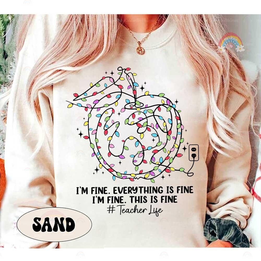 Playful holiday design featuring a tangled mess of lights, capturing the chaotic charm of #TeacherLife.