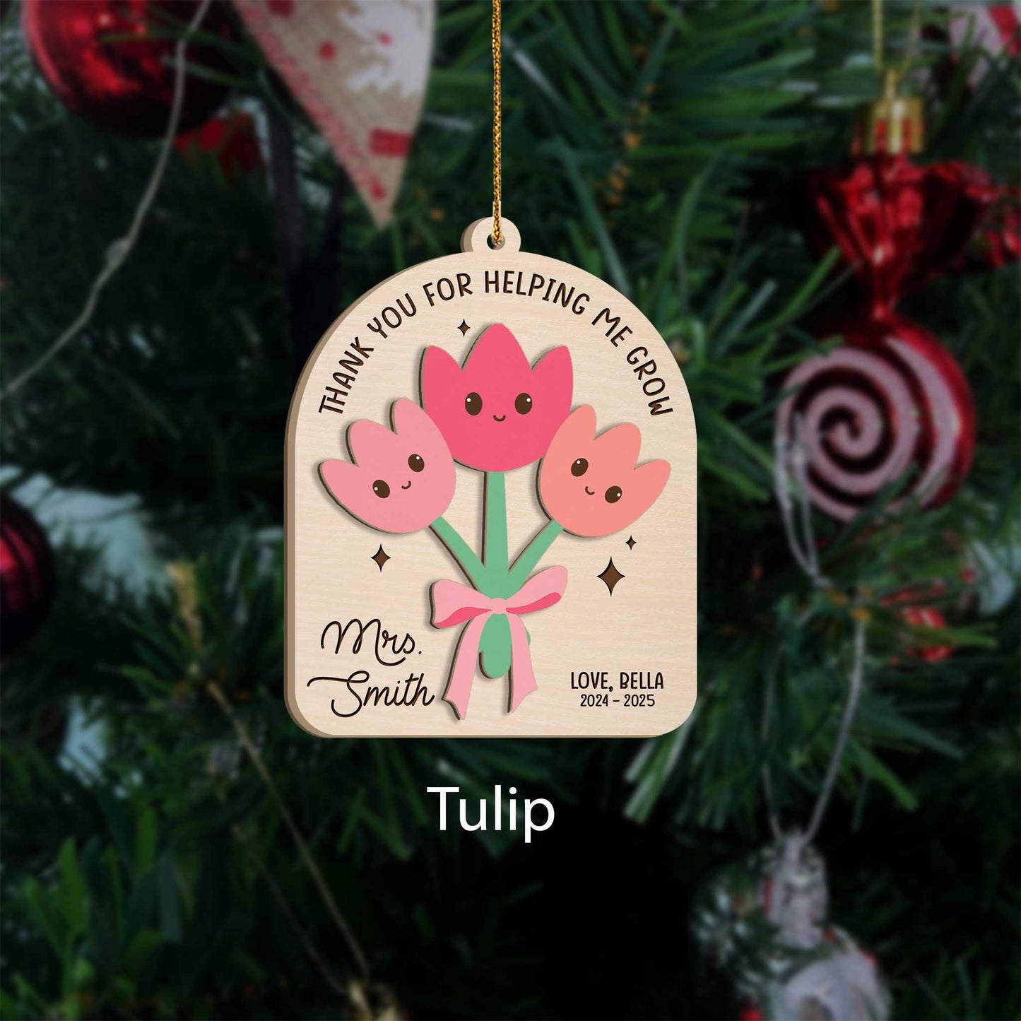 Personalized with names, this adorable flower ornament makes a thoughtful keepsake for educators.
