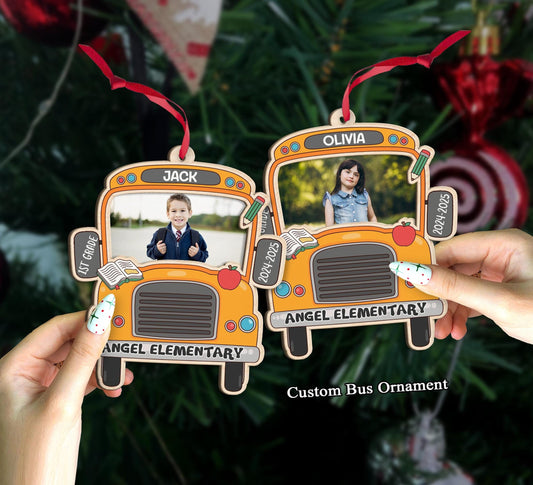 School Bus Ornament With Photo Personalized Christmas Gift, School Grades Ornament PreK Kindergarten 1st Grade Gift, Christmas Ornament 2025