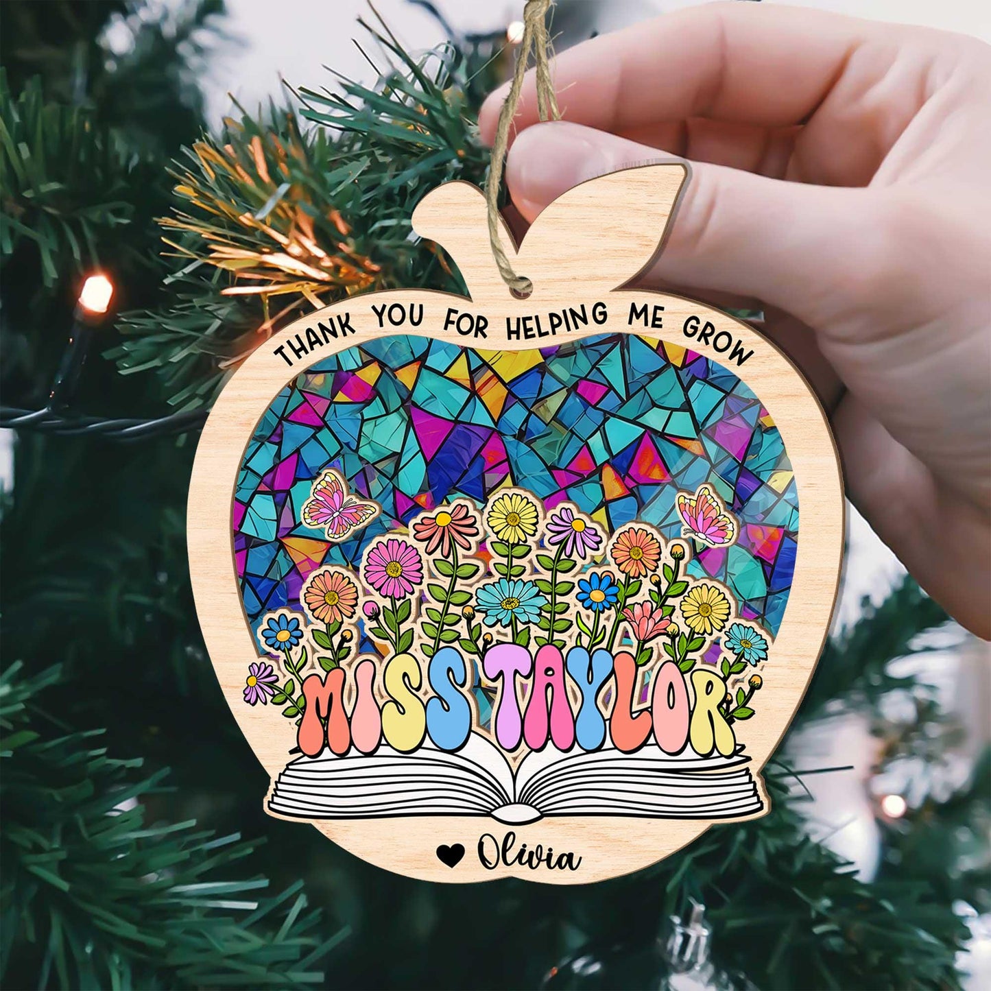 Custom Teacher Suncatcher Ornament Thank You For Helping Me Grow, Thank You Teacher Gift, Custom Stained Glass, Teacher Appreciation Gift