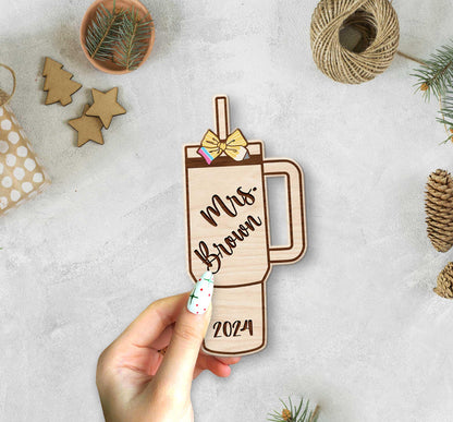 Teacher Christmas Ornament Tumbler Wooden Ornament, Personalized Teacher Ornament Gift, Teacher Christmas Gift, Teacher Appreciation Gift