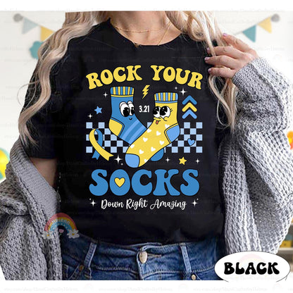 This comfy natural T-shirt showcases a vibrant mix of colors with happy socks, lightning bolts, and heart details. Designed for those who love to make a statement, it&#39;s a stylish way to show support and rock your socks with pride.