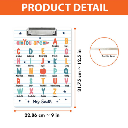 Teacher Clipboard, ABC Affirmation You Are Clipboard, Alphabet Gift, Custom Teacher Gift, Kindergarten Teacher, Teacher Appreciation Gift