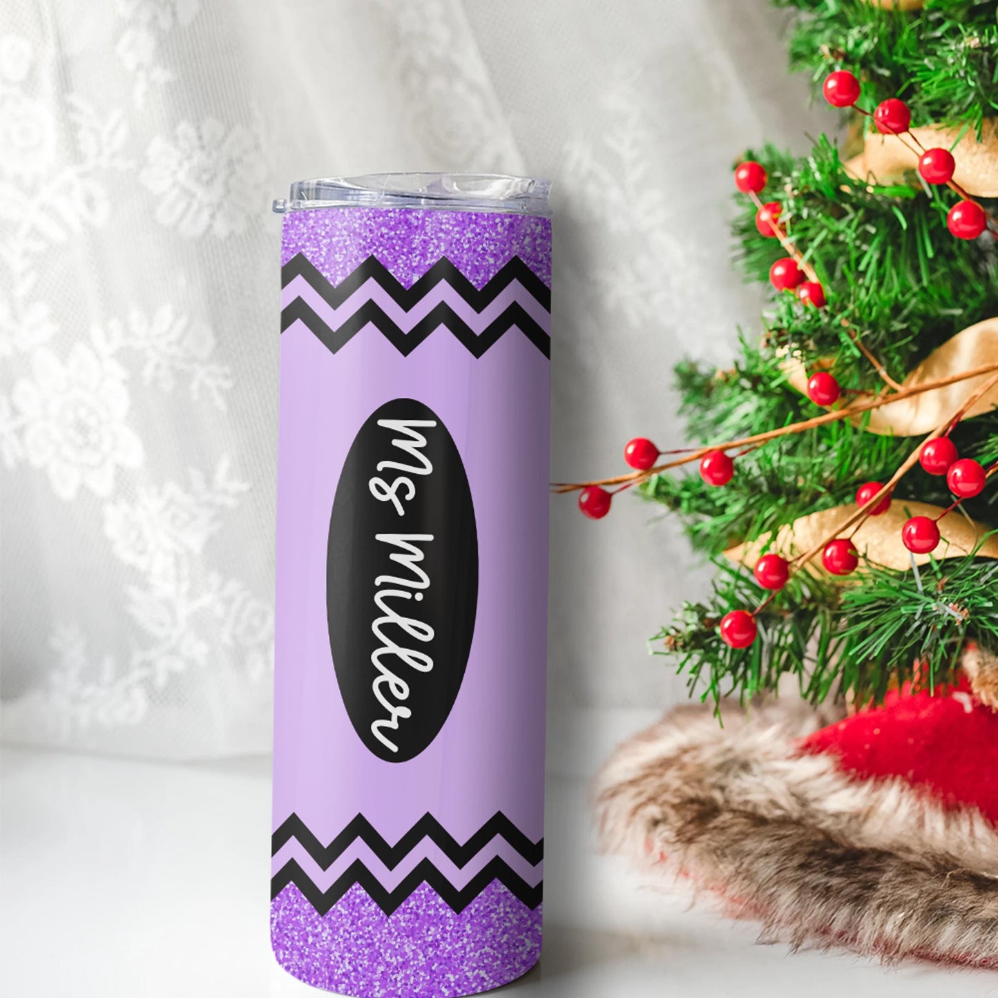 This custom tumbler is perfect for stylish teachers! Personalize it with any name and give the gift of sparkle and function. The tumbler is insulated, BPA-free, and made for everyday use. Great for coffee, iced drinks, or tea on the go!