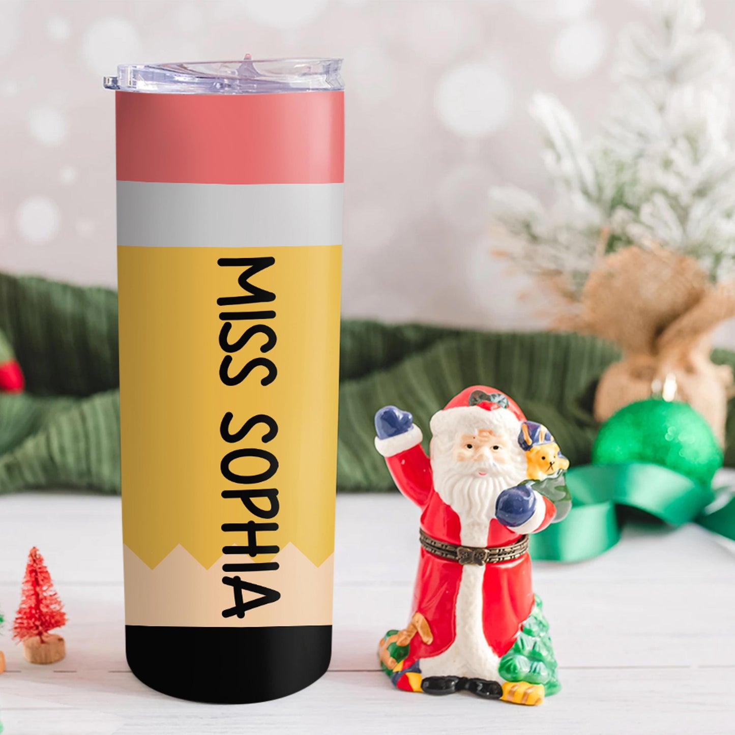 Celebrate your favorite educator with this adorable pencil-themed tumbler! Personalized with their name like “Miss Sophia,” it features a fun back-to-school design and double-wall insulation to keep drinks hot or cold. A must-have gift for teachers during holidays, appreciation week, or end-of-year celebrations!