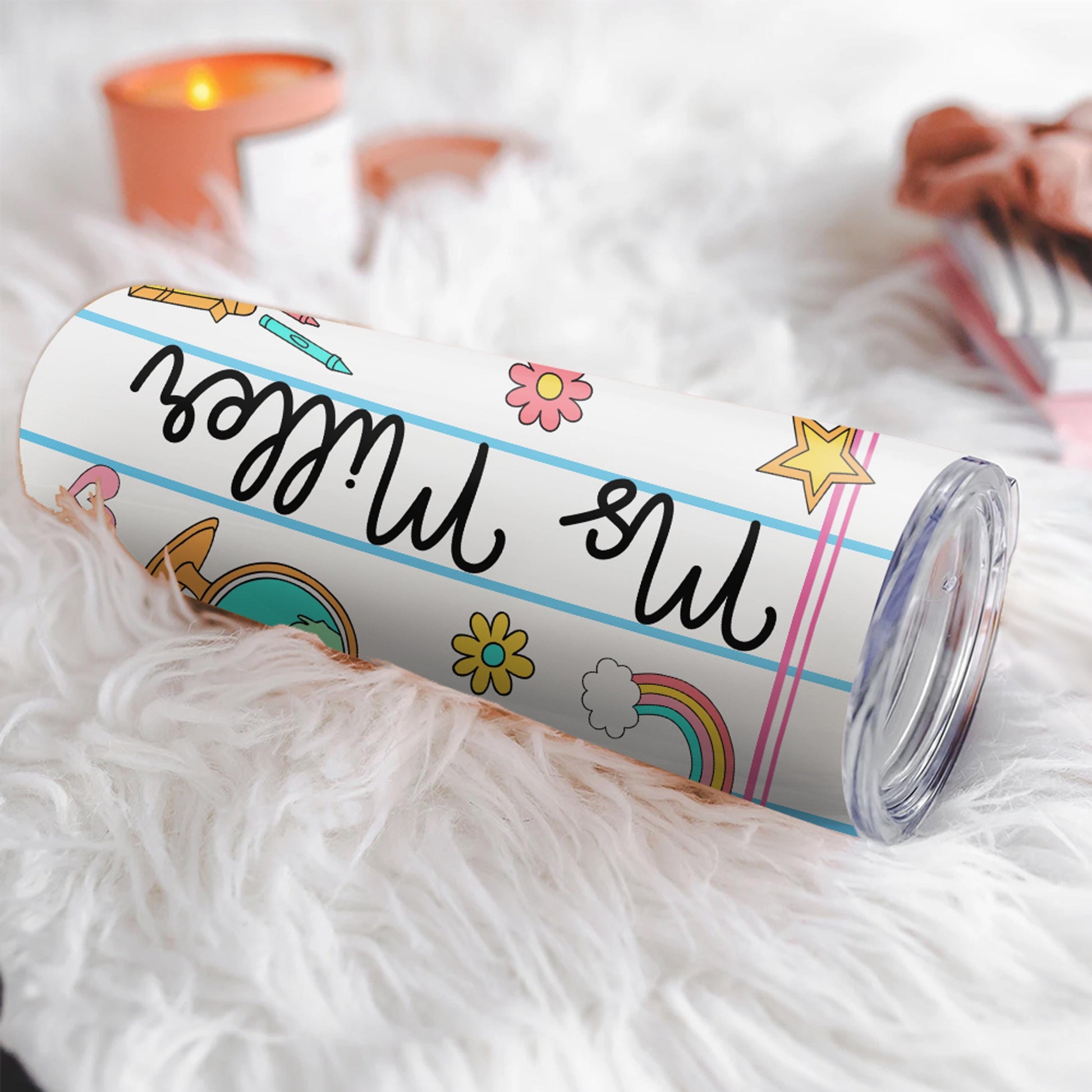 From rainbows to crayons 🌈✏️ — this teacher tumbler has everything to make your classroom superstar smile! Personalize it with your teacher’s name for the perfect gift! 💛 #TeacherGifts #RainbowTumbler