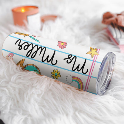 From rainbows to crayons 🌈✏️ — this teacher tumbler has everything to make your classroom superstar smile! Personalize it with your teacher’s name for the perfect gift! 💛 #TeacherGifts #RainbowTumbler