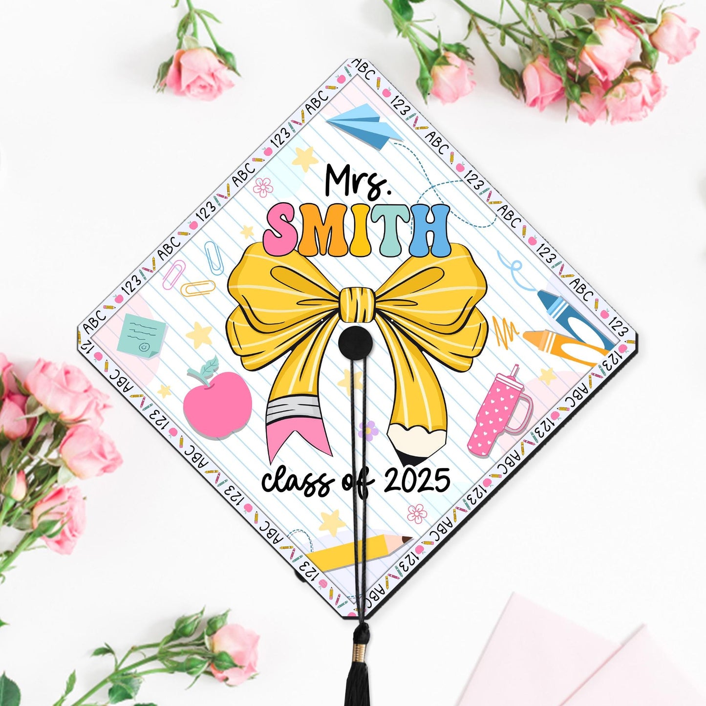 Personalized Teacher Graduation Cap Topper, Custom Teacher Graduation Grad Cap Topper, Teacher Graduation Gift, Class Of 2025 Year end Gift