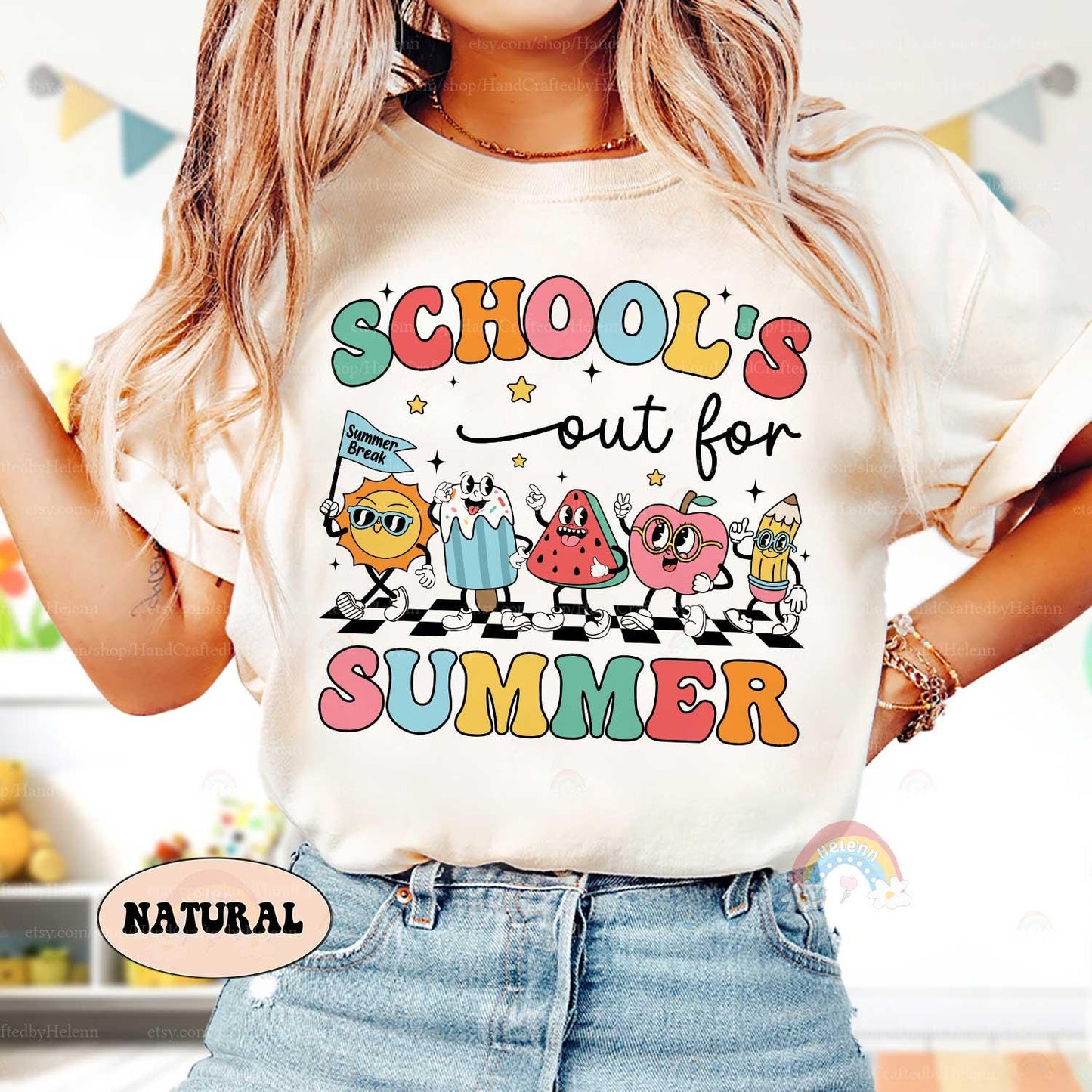 May include: A white t-shirt with the text &#39;SCHOOL&#39;S out for SUMMER&#39; in rainbow colors. The text is surrounded by cartoon characters including a sun, an ice cream cone, a watermelon, an apple, and a pencil. The characters are standing on a black and white checkered pattern.