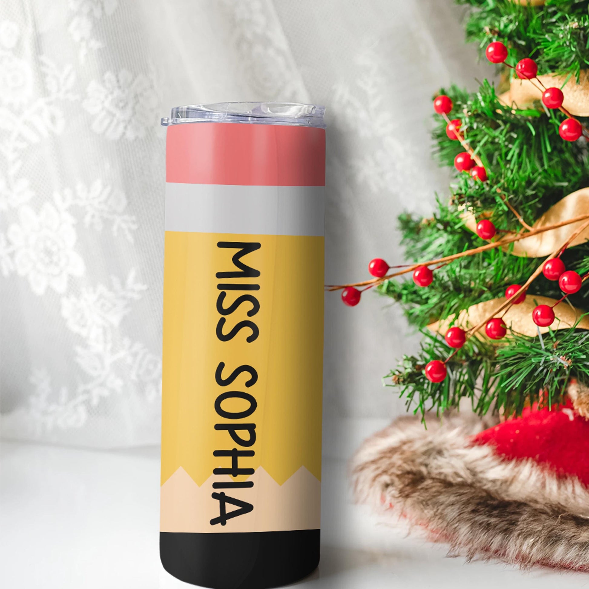 This 20 oz stainless steel tumbler is designed to look like a pencil and personalized with your teacher’s name. Whether it’s for coffee on-the-go or iced tea in the classroom, this cup is perfect for daily use. A charming, thoughtful gift for your favorite educator!