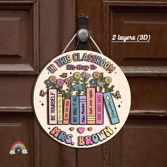 Designed to foster a nurturing learning environment, this door sign for Mrs. Brown&#39;s classroom beautifully combines natural elements with encouraging messages on book spines, inviting students to embrace themselves and their learning journeys.