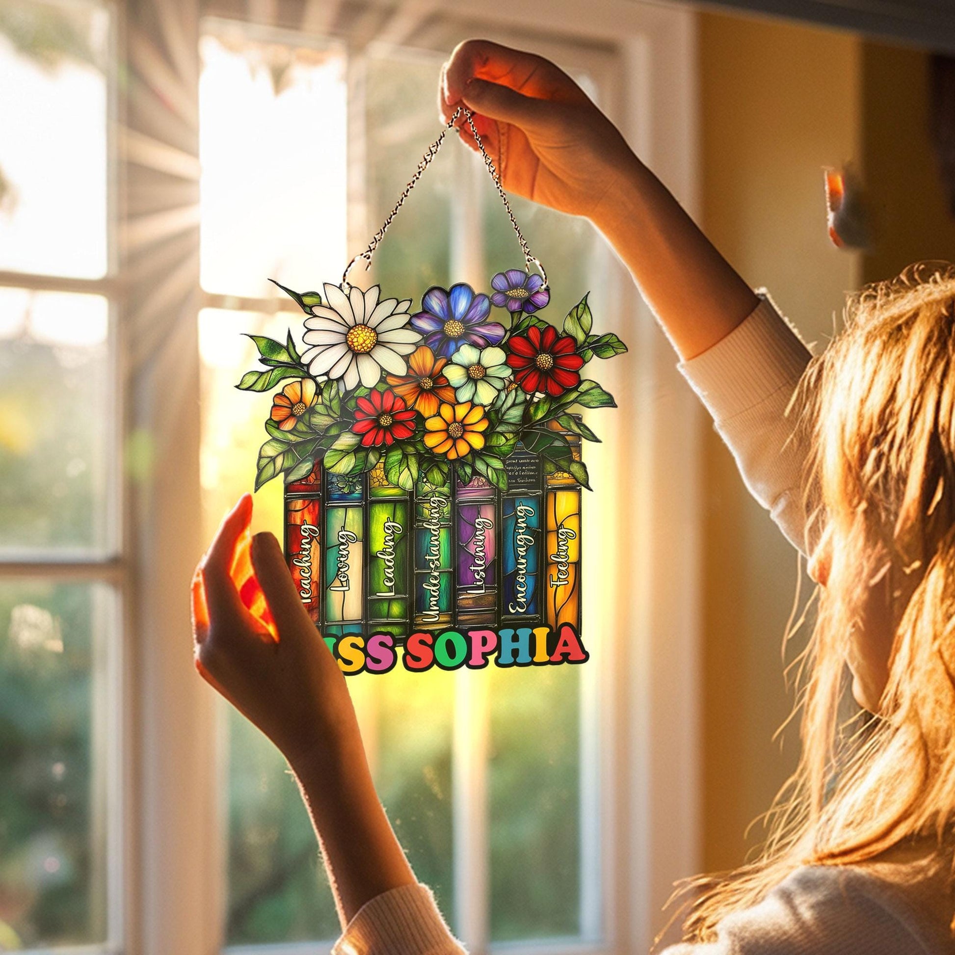 Custom Flower Book Suncatcher ACRYLIC Window Hanging, Book Lover Gift, Teacher Suncatcher Teacher Book Gift, Teacher Appreciation Gift