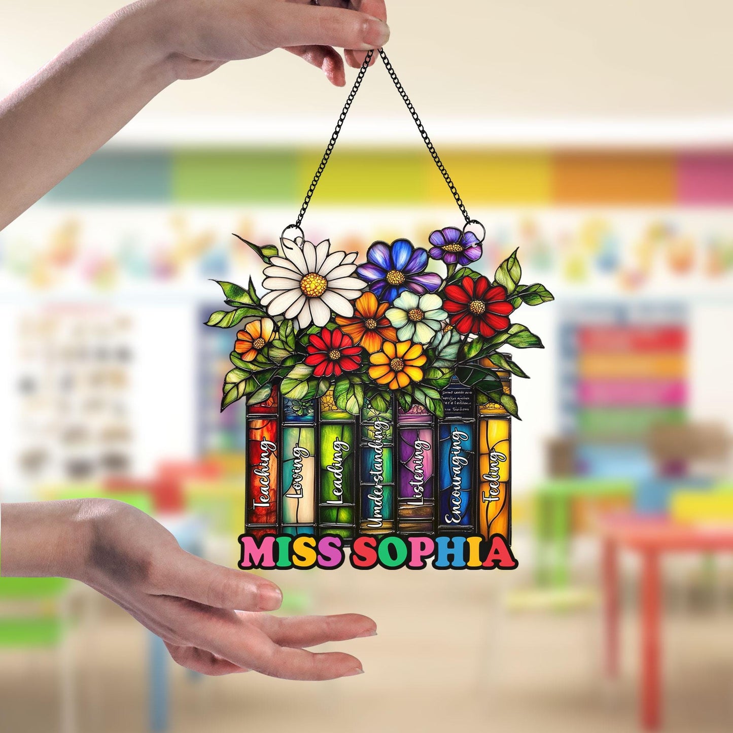 Custom Flower Book Suncatcher ACRYLIC Window Hanging, Book Lover Gift, Teacher Suncatcher Teacher Book Gift, Teacher Appreciation Gift