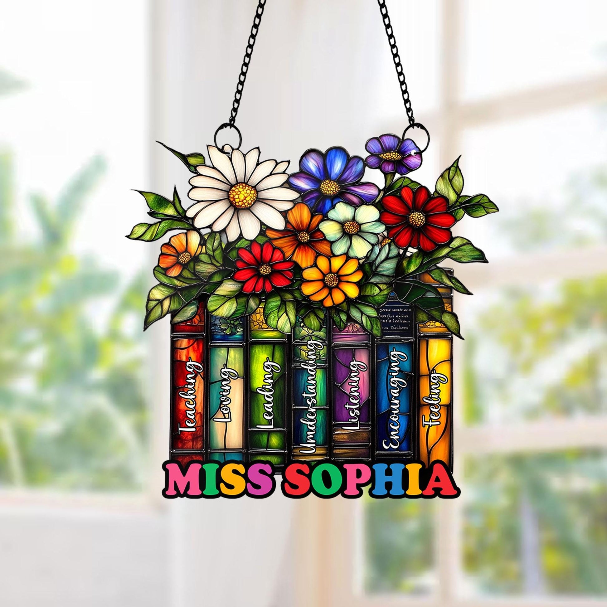 Custom Flower Book Suncatcher ACRYLIC Window Hanging, Book Lover Gift, Teacher Suncatcher Teacher Book Gift, Teacher Appreciation Gift