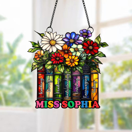 Custom Flower Book Suncatcher ACRYLIC Window Hanging, Book Lover Gift, Teacher Suncatcher Teacher Book Gift, Teacher Appreciation Gift