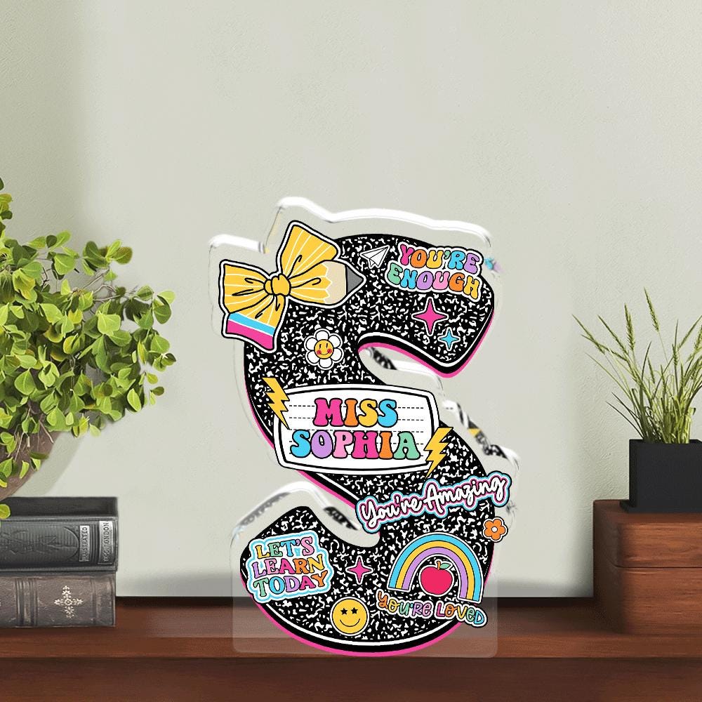 Personalized Teacher Name Acrylic Block Composition Book, Teacher Acrylic Name Plate Custom Desk Plaque Name Sign, Teacher Appreciation Gift