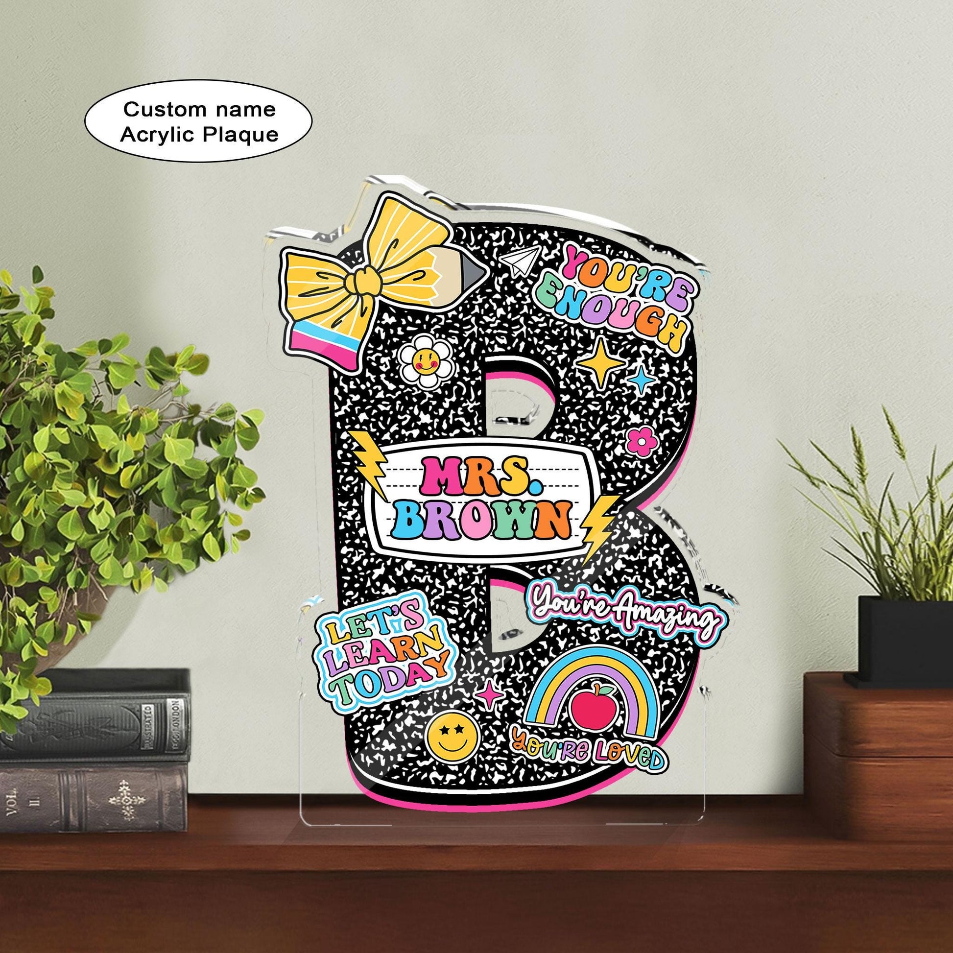 Personalized Teacher Name Acrylic Block Composition Book, Teacher Acrylic Name Plate Custom Desk Plaque Name Sign, Teacher Appreciation Gift