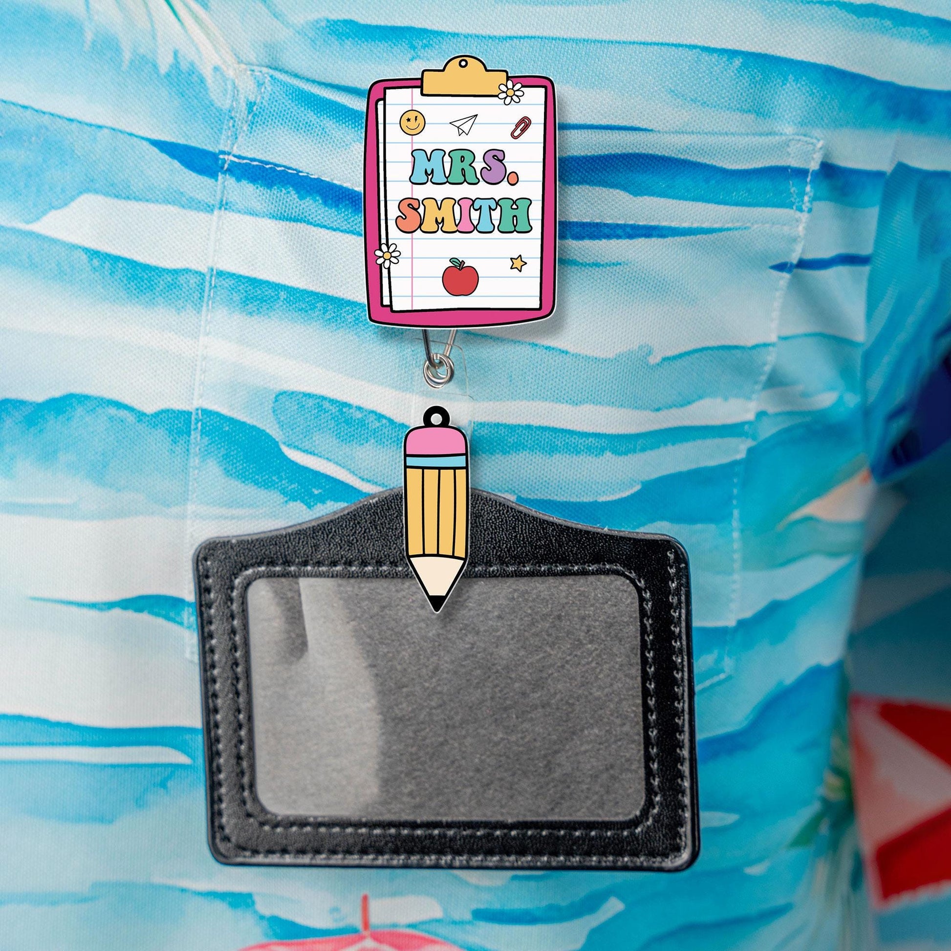 Personalized Teacher Badge Reel With Charm, ID Holder, Interchangeable Badge Reel, Teacher Appreciation Gift, Back to School Teacher Gift