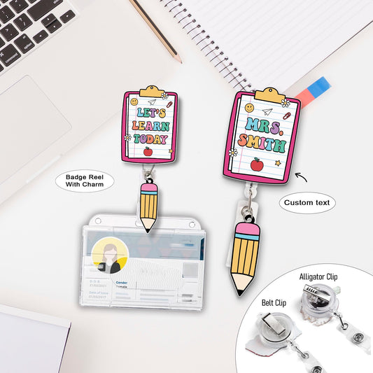 Personalized Teacher Badge Reel With Charm, ID Holder, Interchangeable Badge Reel, Teacher Appreciation Gift, Back to School Teacher Gift