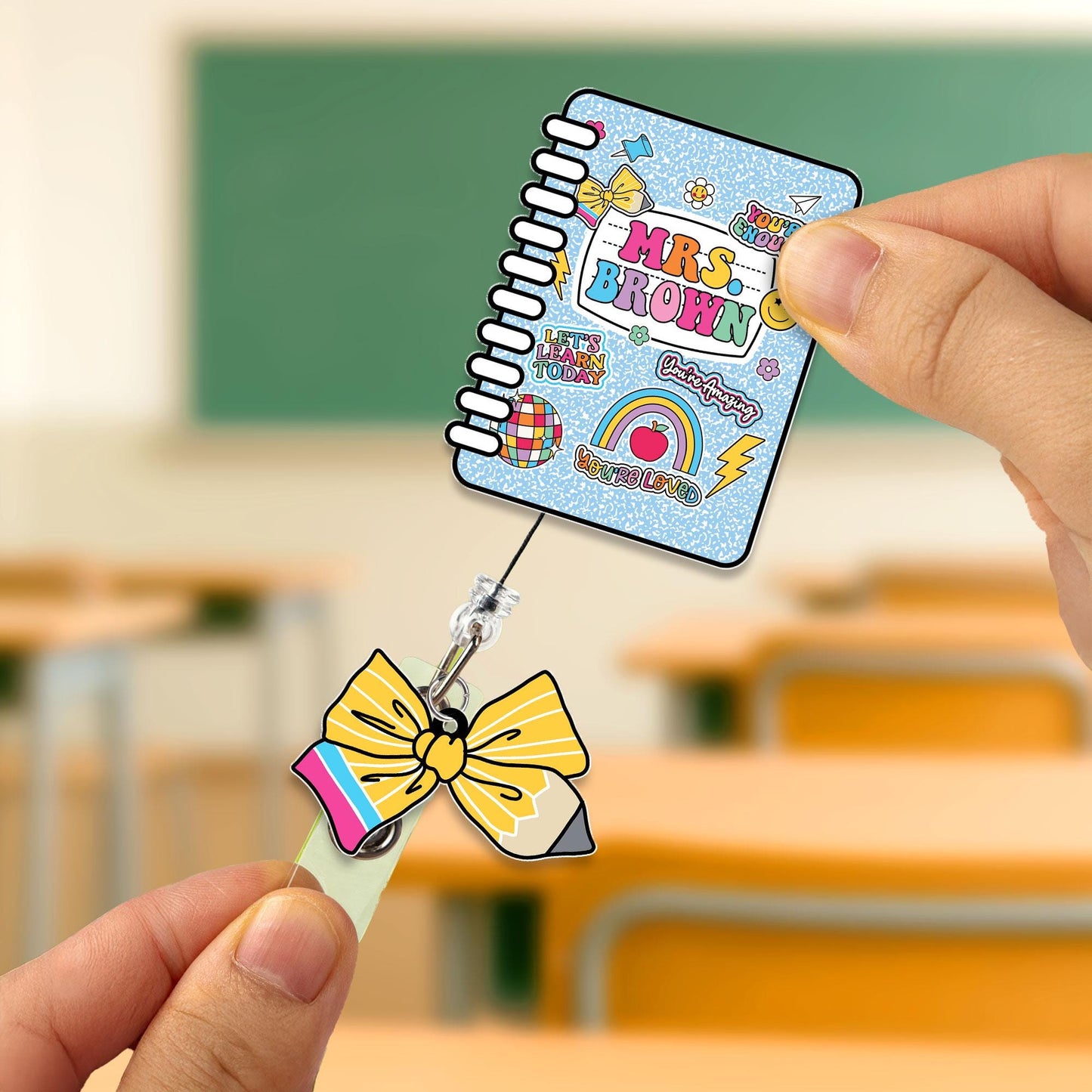 Custom Teacher Badge Reel, Composition Notebook Badge Reel, ID Holder, Retractable Badge Reel, Teacher Appreciation Gift Back to School Gift