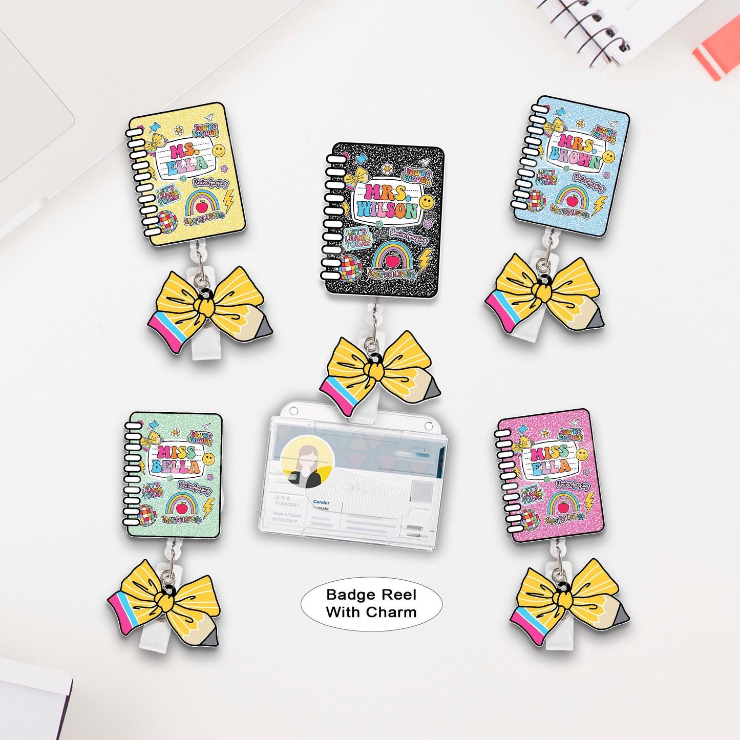 Custom Teacher Badge Reel, Composition Notebook Badge Reel, ID Holder, Retractable Badge Reel, Teacher Appreciation Gift Back to School Gift