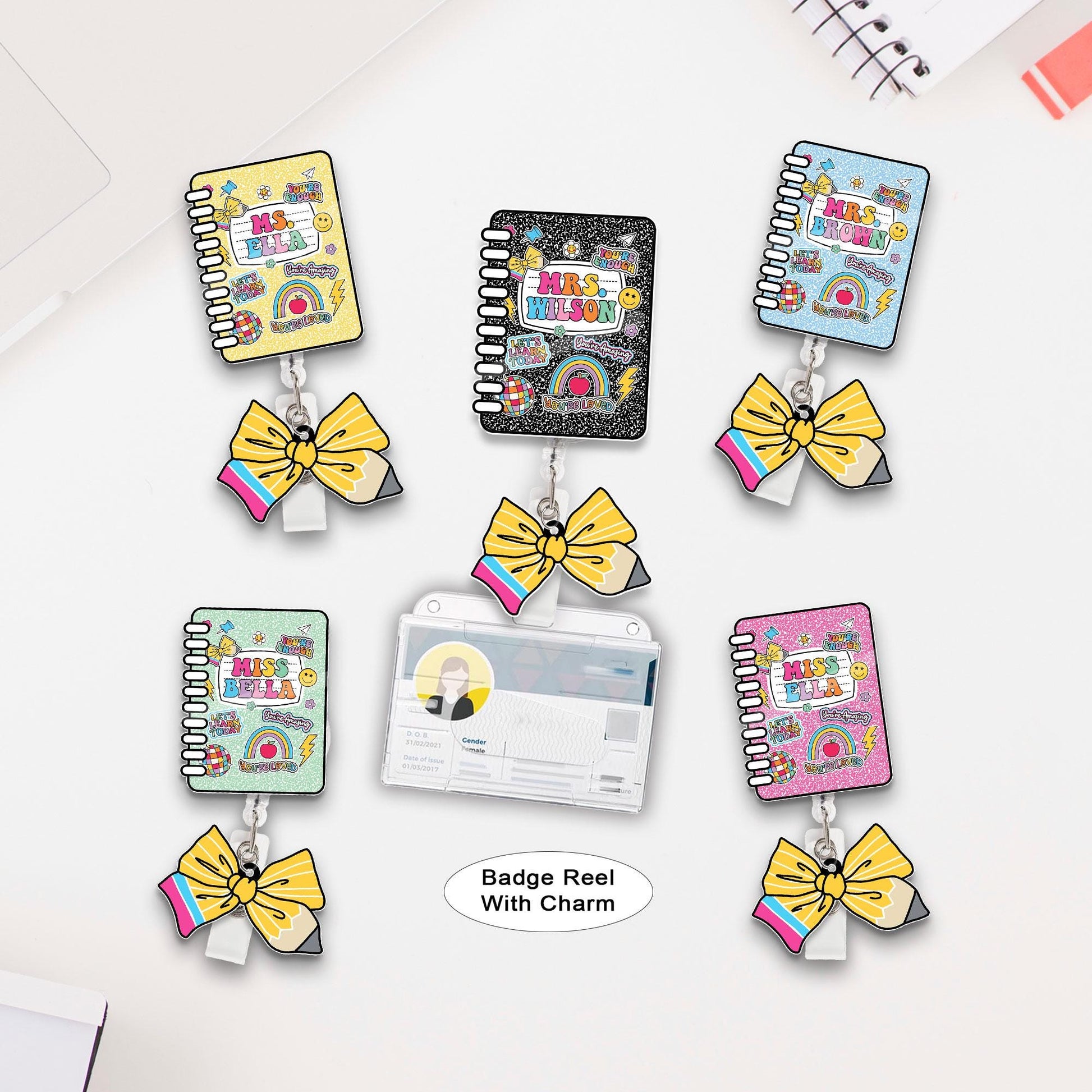 Custom Teacher Badge Reel, Composition Notebook Badge Reel, ID Holder, Retractable Badge Reel, Teacher Appreciation Gift Back to School Gift