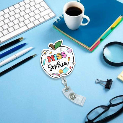 Personalized Teacher Badge Reel, Custom ID Holder Apple Badge Reel, Retractable Badge Reel, Teacher Appreciation Gift, Back to School Gift