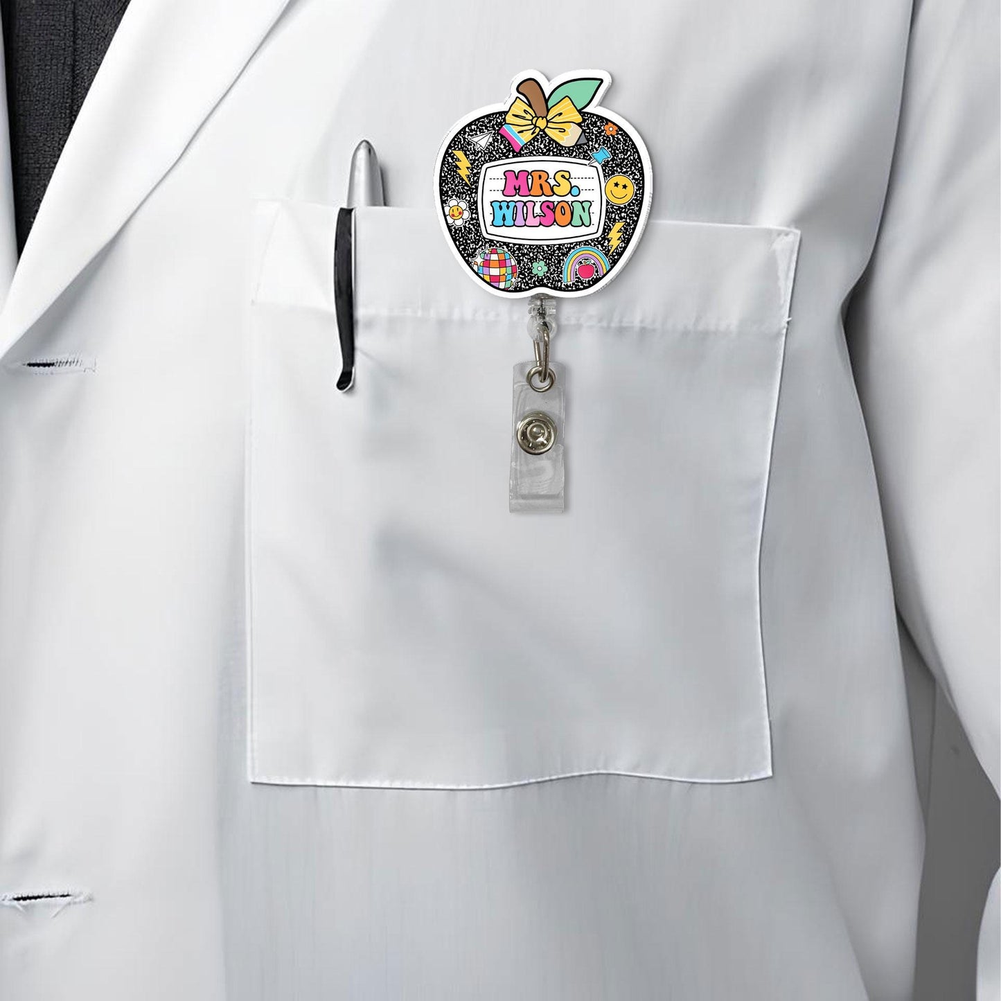 Personalized Teacher Badge Reel, Custom ID Holder Apple Badge Reel, Retractable Badge Reel, Teacher Appreciation Gift, Back to School Gift