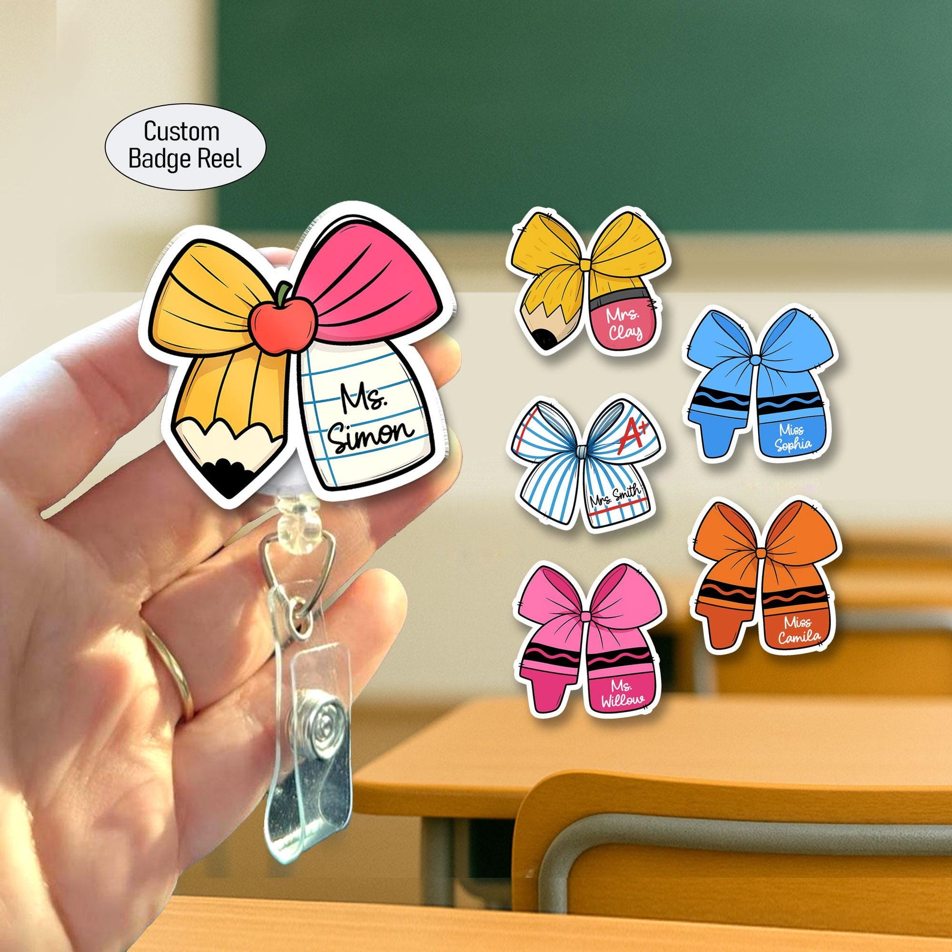 Custom Teacher Badge Reel Name, ID Holder Teacher Pencil Paper Bow, Retractable Badge Reel, Teacher Appreciation Gift, Back to School Gift