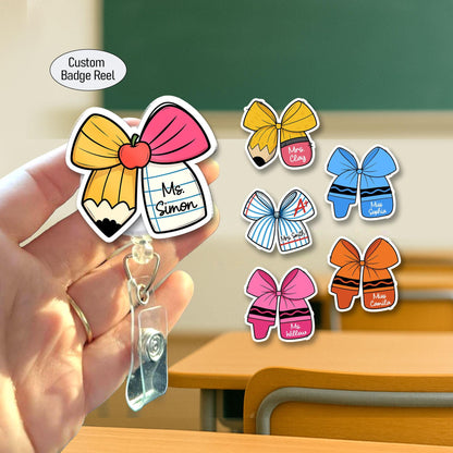 Custom Teacher Badge Reel Name, ID Holder Teacher Pencil Paper Bow, Retractable Badge Reel, Teacher Appreciation Gift, Back to School Gift