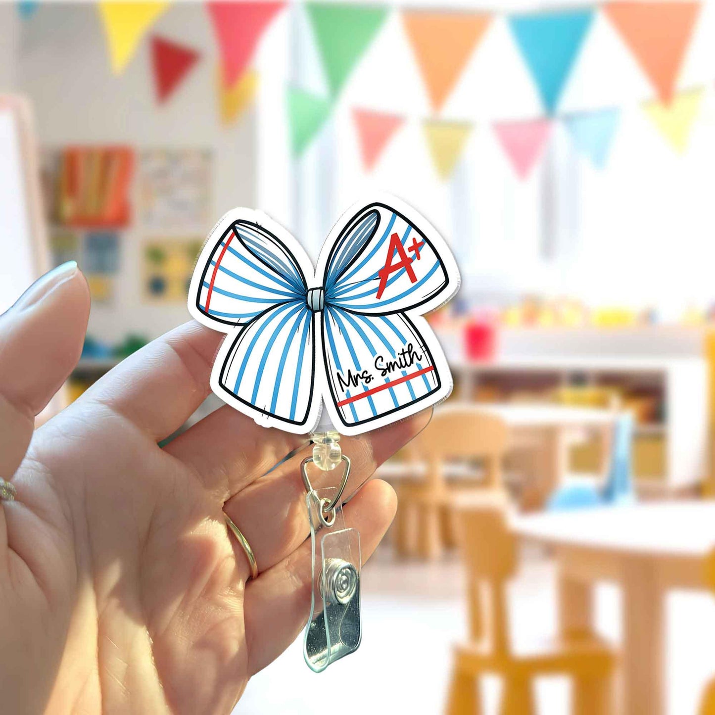 Custom Teacher Badge Reel Name, ID Holder Teacher Pencil Paper Bow, Retractable Badge Reel, Teacher Appreciation Gift, Back to School Gift