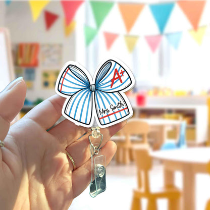 Custom Teacher Badge Reel Name, ID Holder Teacher Pencil Paper Bow, Retractable Badge Reel, Teacher Appreciation Gift, Back to School Gift