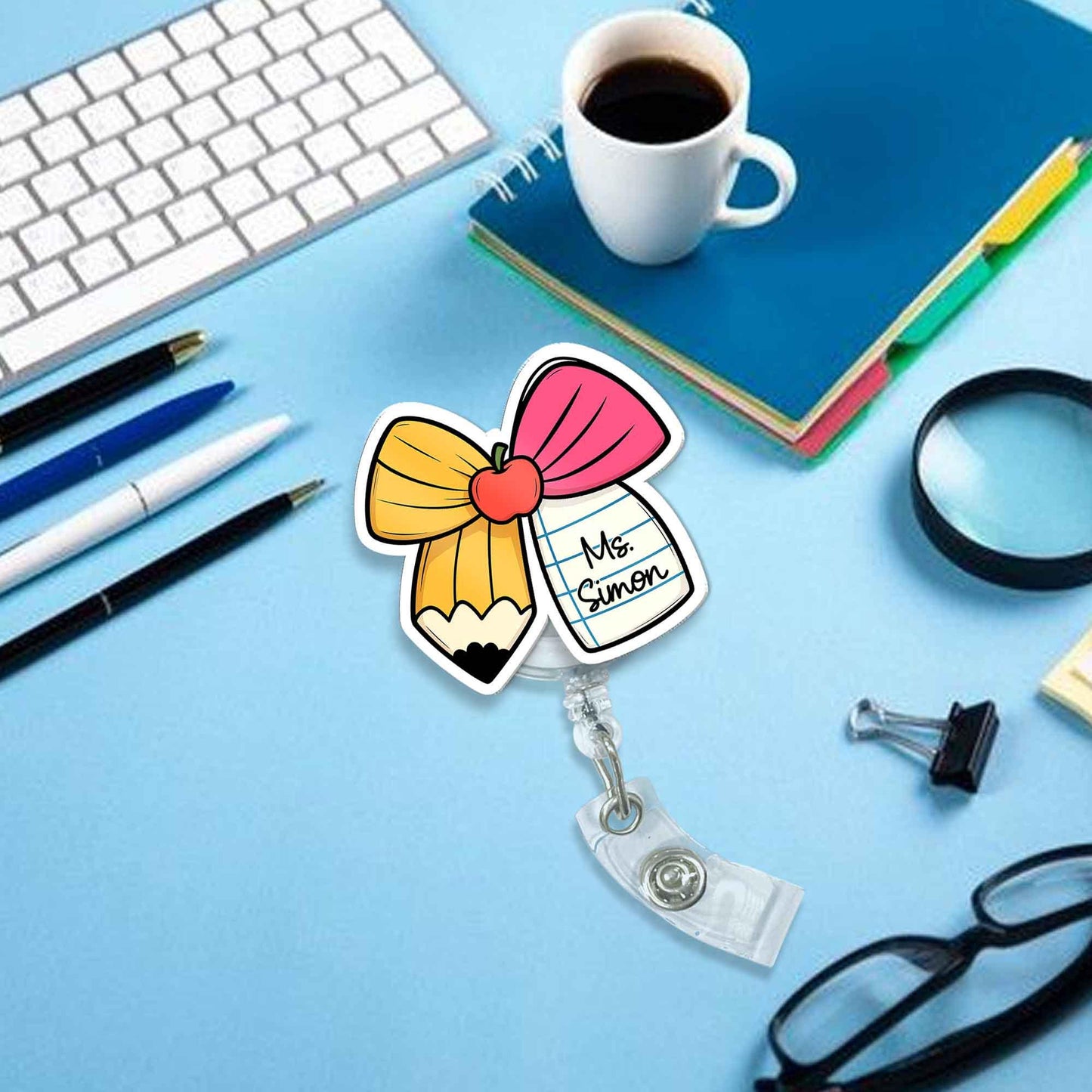 Custom Teacher Badge Reel Name, ID Holder Teacher Pencil Paper Bow, Retractable Badge Reel, Teacher Appreciation Gift, Back to School Gift