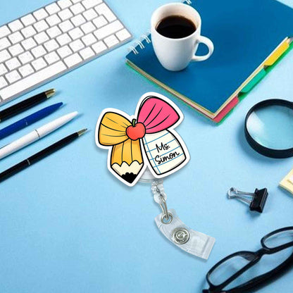 Custom Teacher Badge Reel Name, ID Holder Teacher Pencil Paper Bow, Retractable Badge Reel, Teacher Appreciation Gift, Back to School Gift
