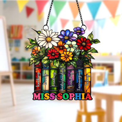 Custom Flower Book Suncatcher ACRYLIC Window Hanging, Book Lover Gift, Teacher Suncatcher Teacher Book Gift, Teacher Appreciation Gift
