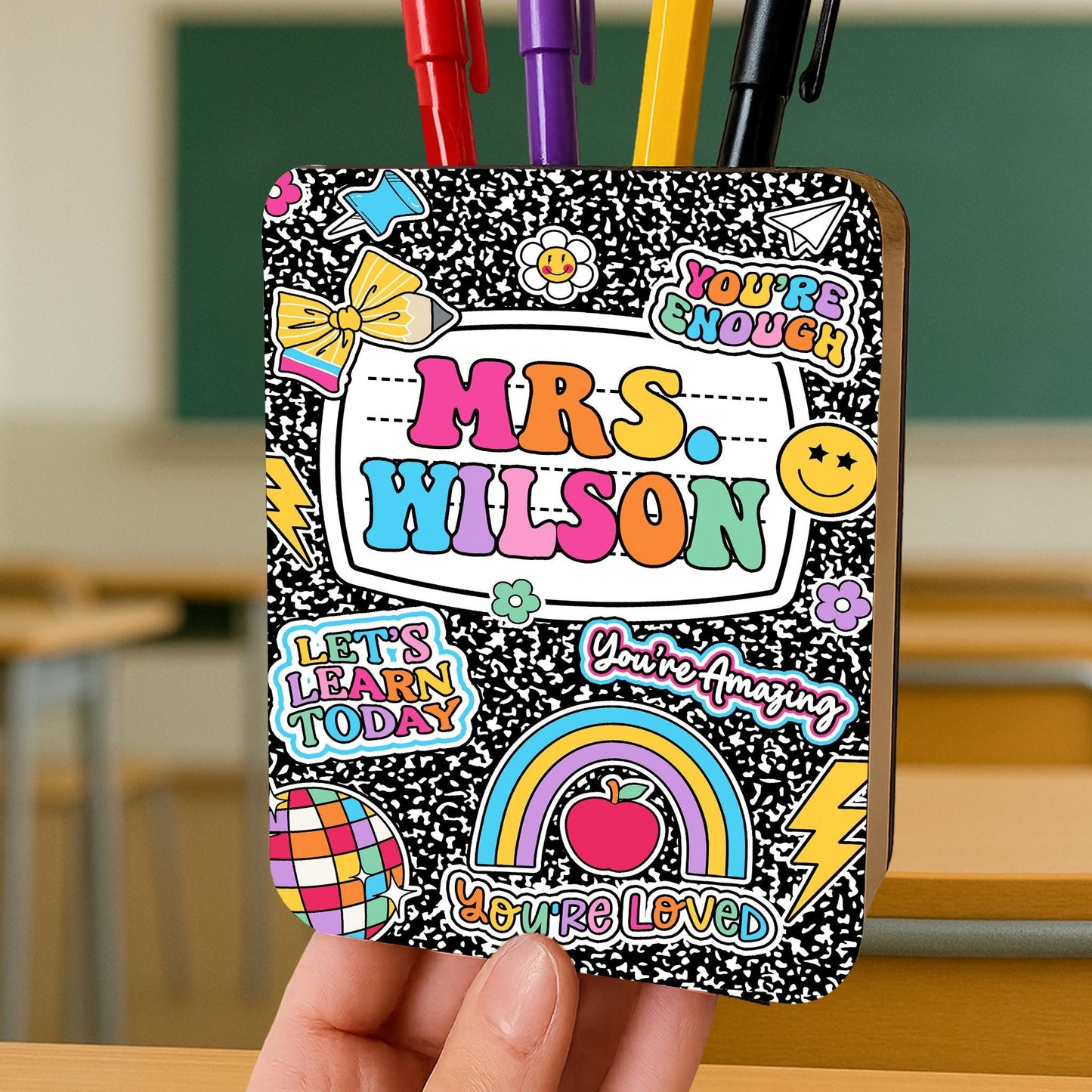 Custom Teacher Pencil Holder Composition Book, Teacher Gift, Teacher Appreciation Gift, Back To School Gift, Teacher Desk Name Pen Holder