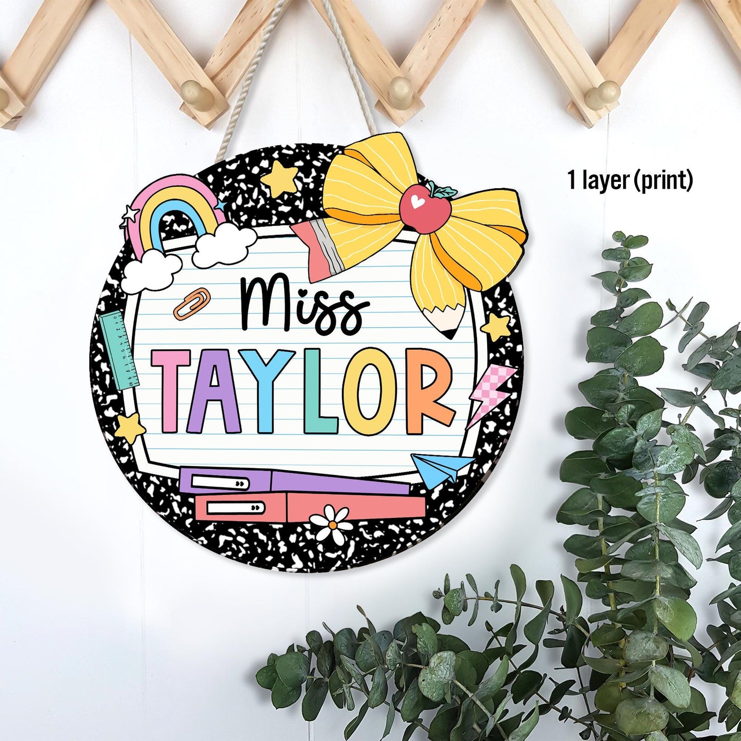 Teacher Appreciation Gift, Custom Teacher Door Hanger Composition Book 3D Wooden Sign, Teacher Name Class Welcome Sign, Back To School Gift