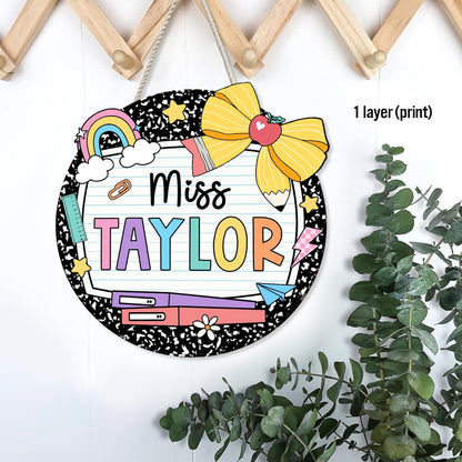 Teacher Appreciation Gift, Custom Teacher Door Hanger Composition Book 3D Wooden Sign, Teacher Name Class Welcome Sign, Back To School Gift