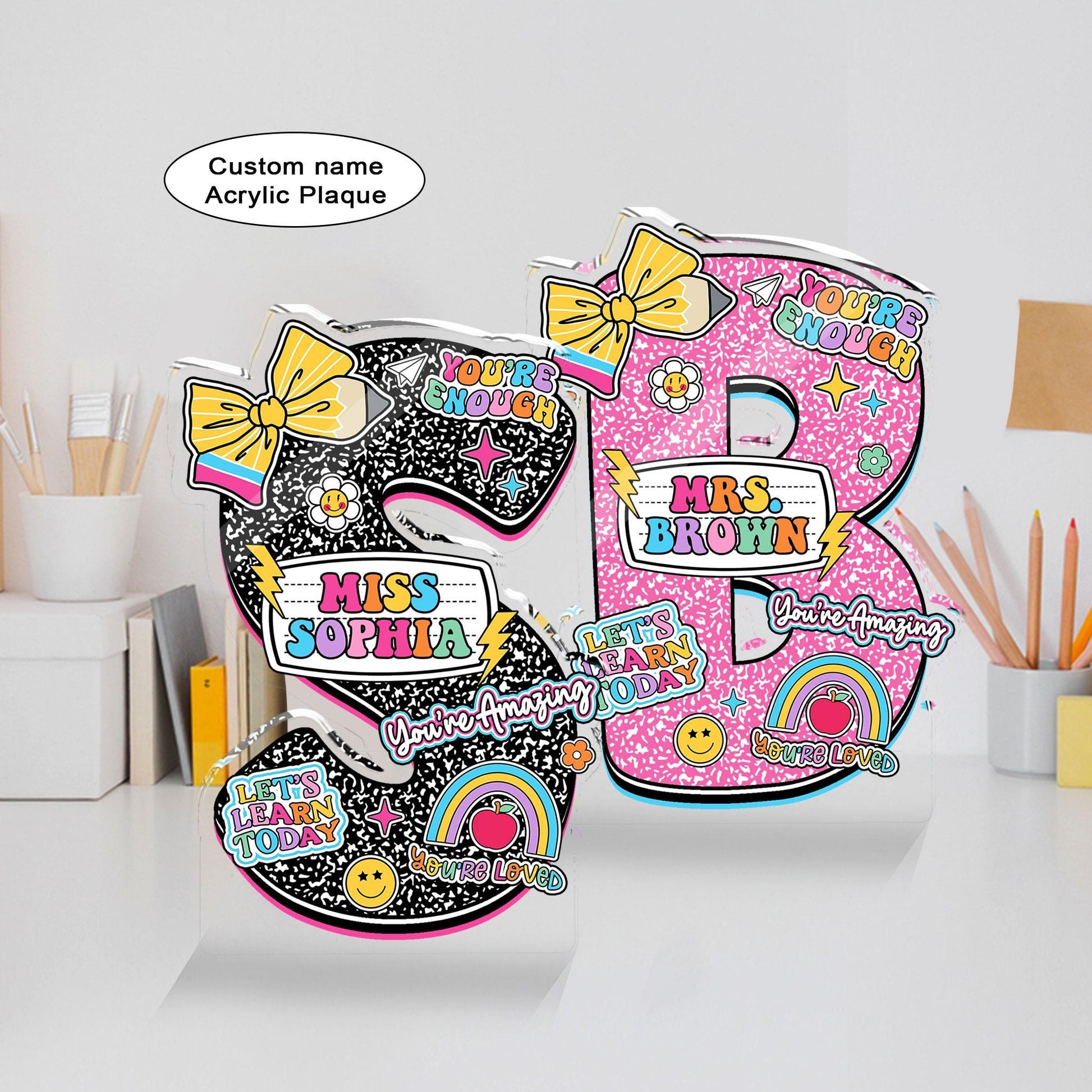 Personalized Teacher Name Acrylic Block Composition Book, Teacher Acrylic Name Plate Custom Desk Plaque Name Sign, Teacher Appreciation Gift