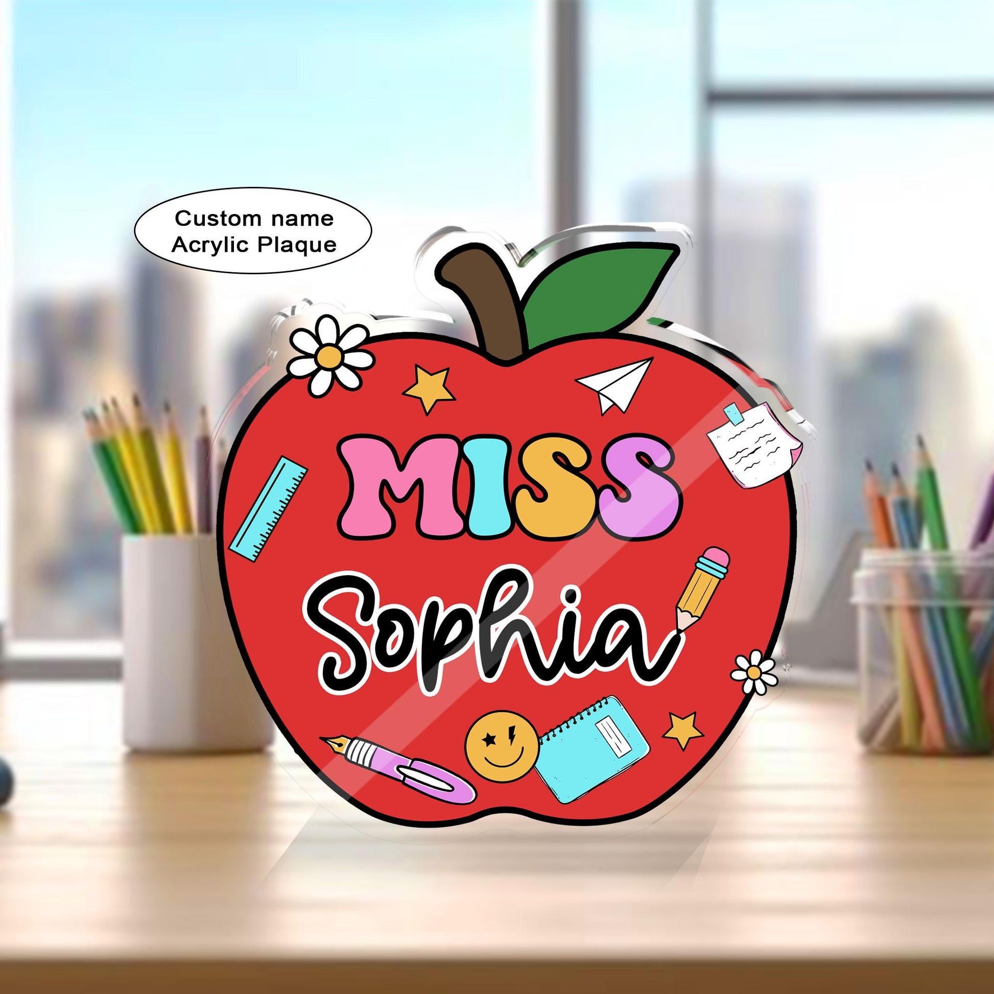 Custom Teacher Acrylic Block, Teacher Name Plate Desk Name Plaque, Back To School Gift, Teacher Gift, Teacher Desk Decor Apple, Office Decor