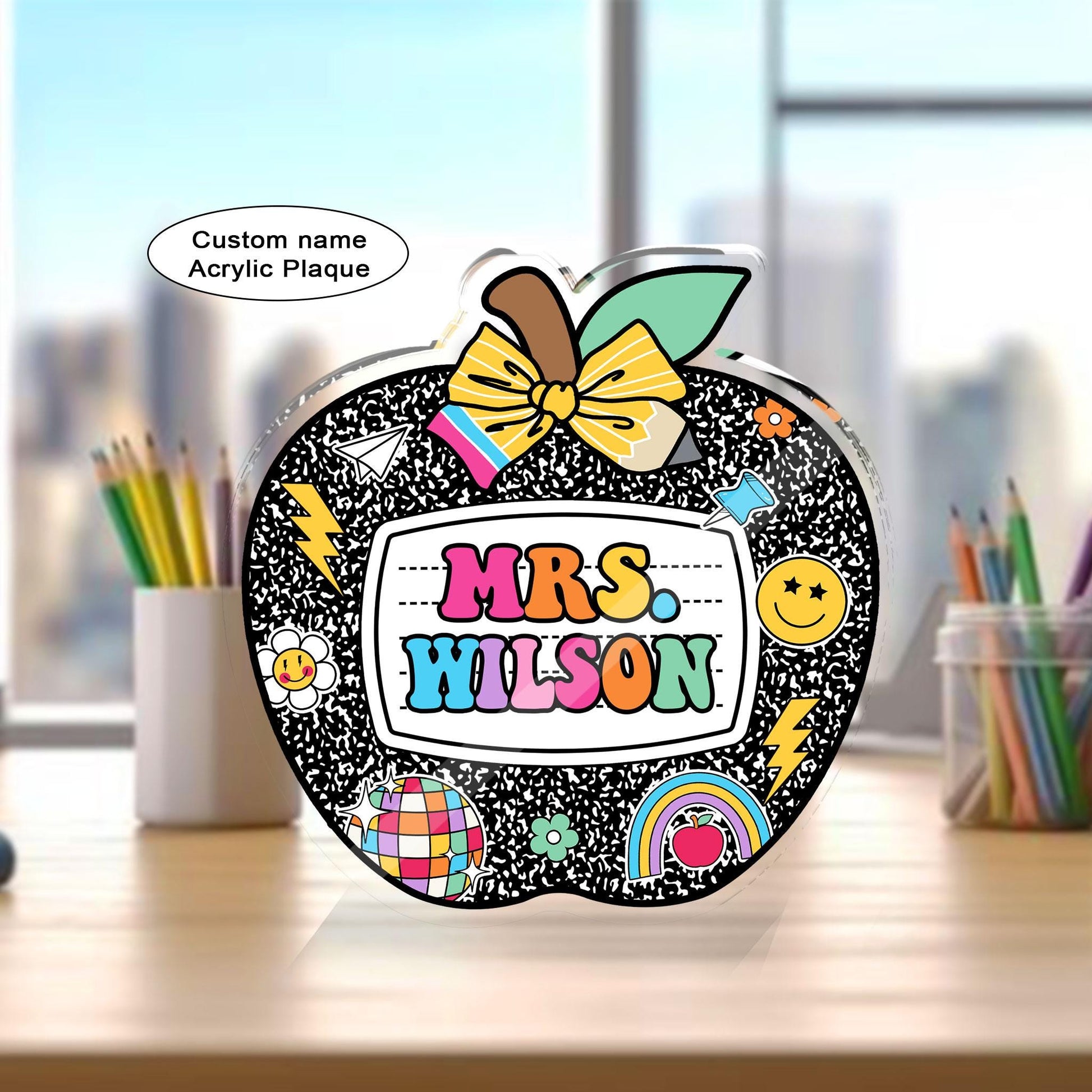 Custom Teacher Acrylic Block, Teacher Name Plate Desk Name Plaque, Back To School Gift, Teacher Gift, Teacher Desk Decor Apple, Office Decor