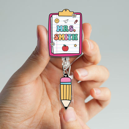 Personalized Teacher Badge Reel With Charm, ID Holder, Interchangeable Badge Reel, Teacher Appreciation Gift, Back to School Teacher Gift