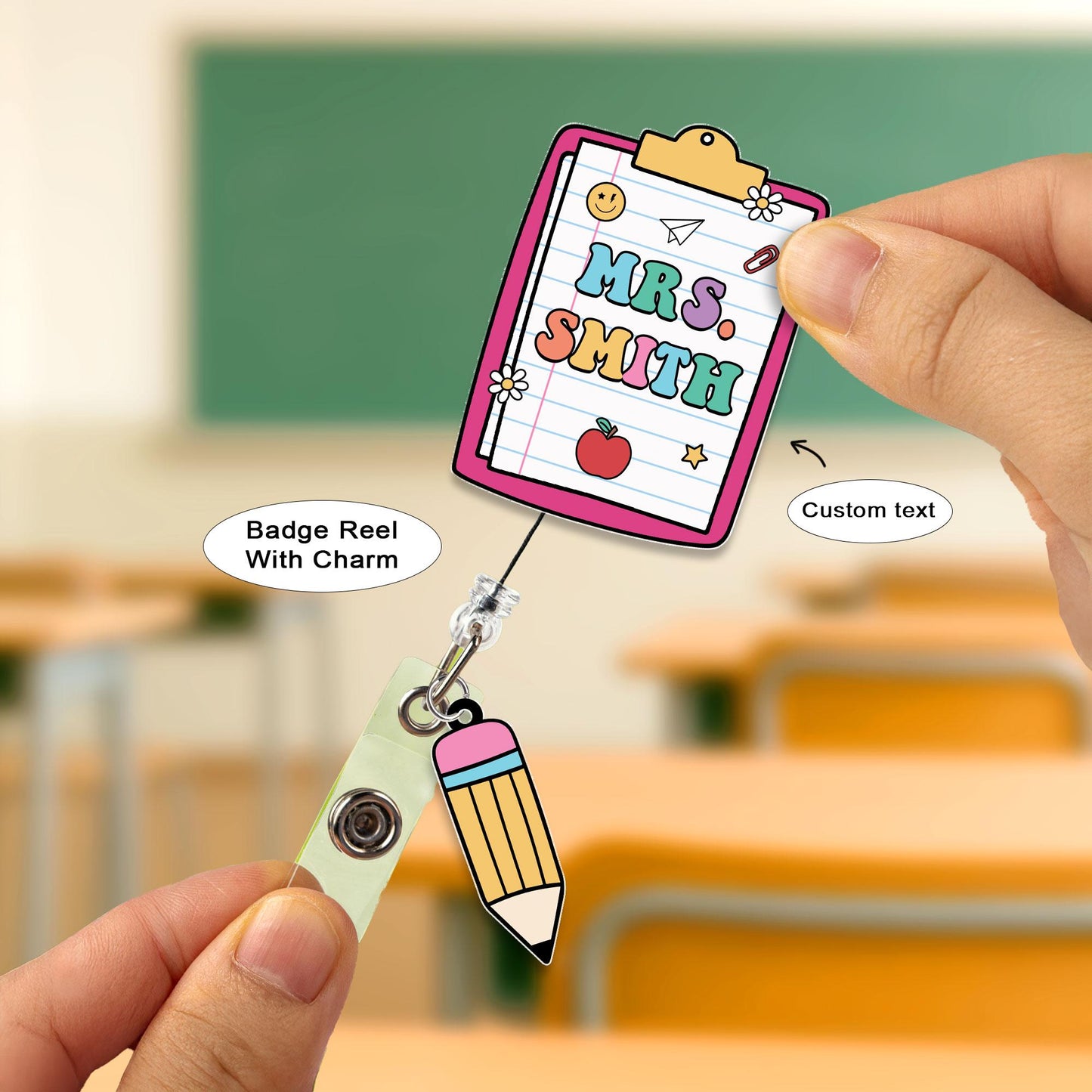 Personalized Teacher Badge Reel With Charm, ID Holder, Interchangeable Badge Reel, Teacher Appreciation Gift, Back to School Teacher Gift